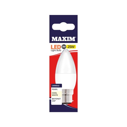 MAXIM LED BULB - CANDLE COOL WHITE -  BC 3W/25W