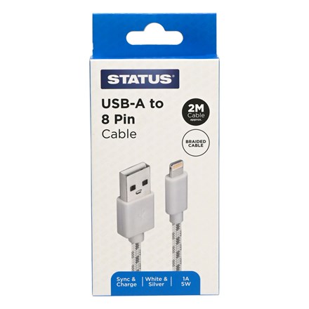 STATUS - USB A TO 8 PIN 2M -WHITE & SILVER BRAIDED
