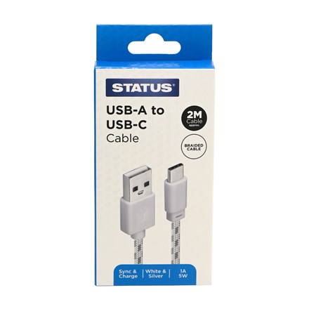 STATUS - USB A TO C 2M - WHITE & SILVER BRAIDED