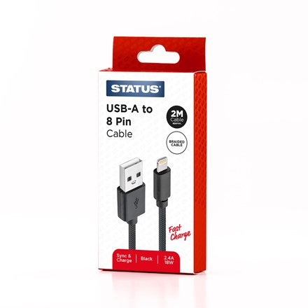 STATUS - USB A TO 8 PIN 2M BLACK BRAIDED FC CABLE
