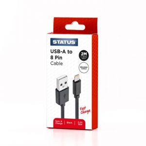STATUS - USB A TO 8 PIN 2M BLACK BRAIDED FC CABLE