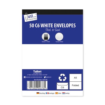 JUST STATIONERY - C6 WHITE ENVELOPES -