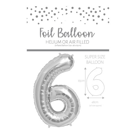 NUMBER 6 SILVER FOIL BALLOON - 25"/65CM
