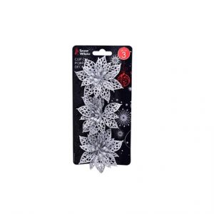 3PK CLIP ON XMAS POINSETTIA DECORATION - SILVER